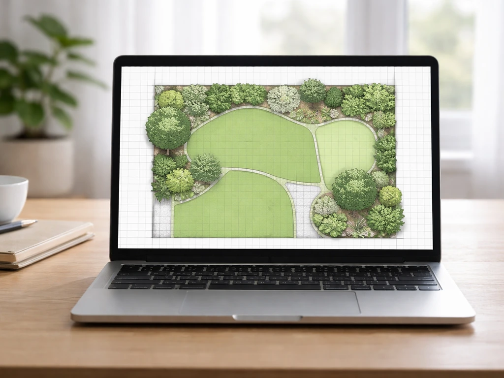 Anonieme laptop met CAD-achtige DWG van gras-/beplantingsplan, groene vlakken en lagen op een rustige werkplek.