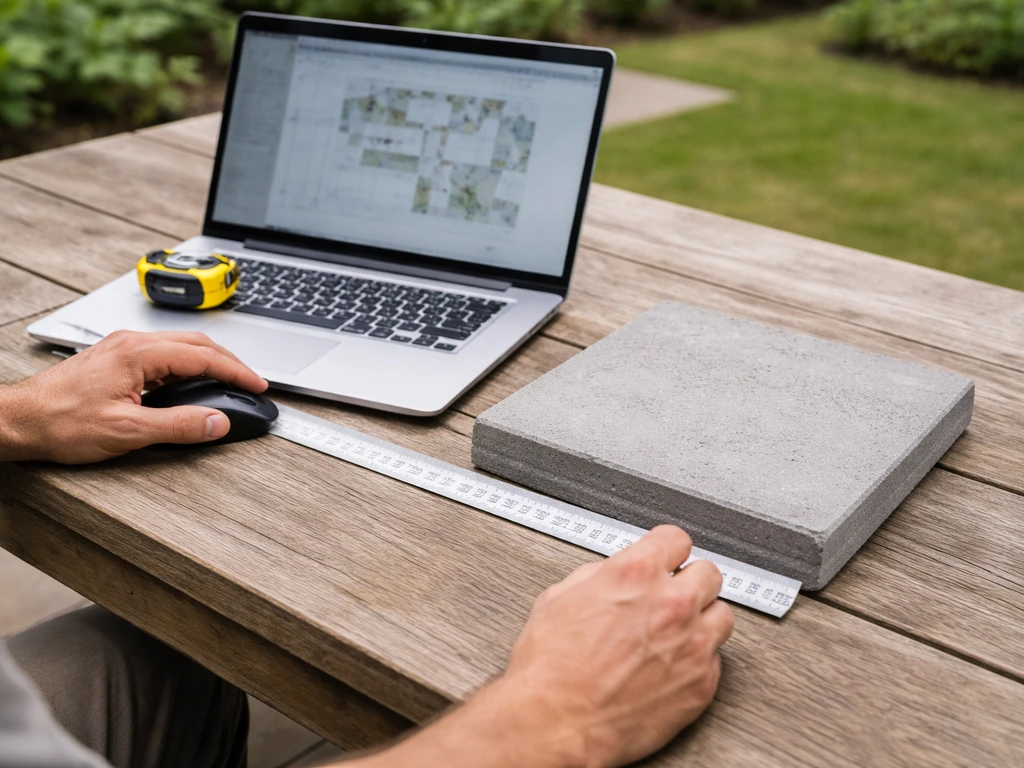 Hand meet met liniaal en rolmaat naast een stoeptegel als referentie op een laptop met CAD-tuintekening.