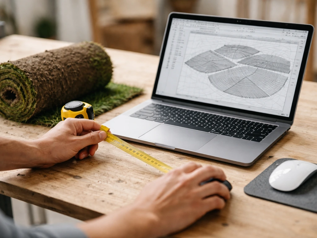 Anonieme persoon meet grasoppervlak in CAD, m²-schatting voor graszoden in een DWG-omgeving