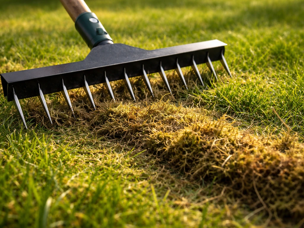 Close-up van een verticuteerhark die vilt en mos uit de grasmat trekt, met losgehaakt materiaal zichtbaar.