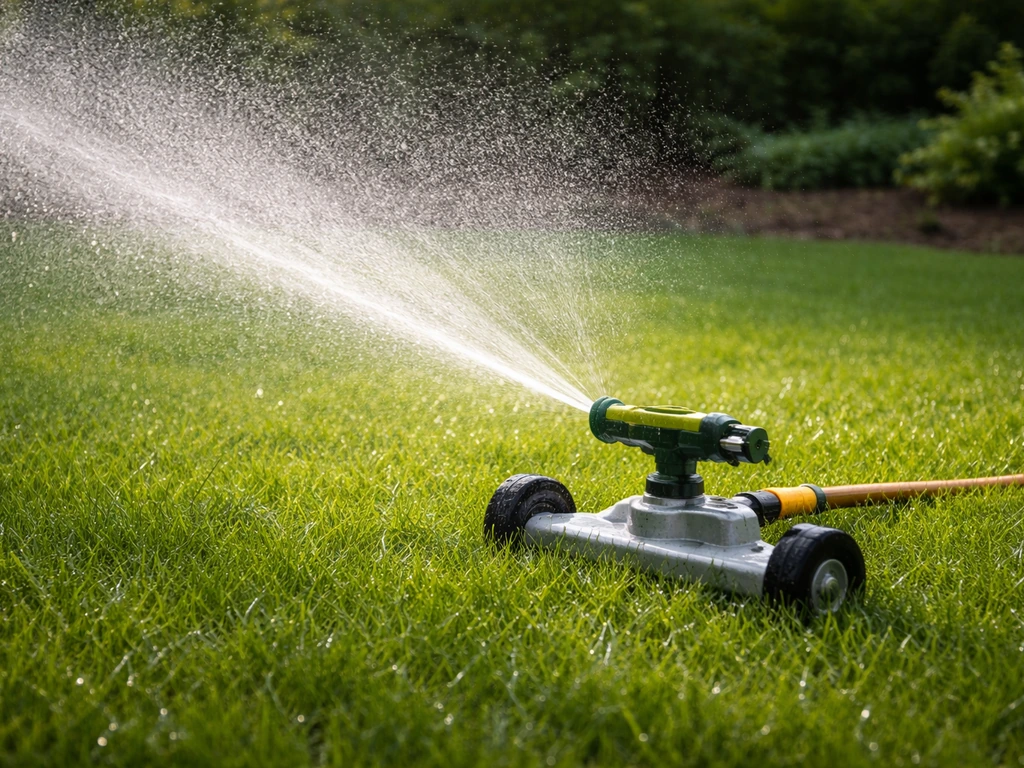 Tuinsproeier spuit waternevel over een groen gazon, daglicht en zichtbare druppels op de grassprieten.