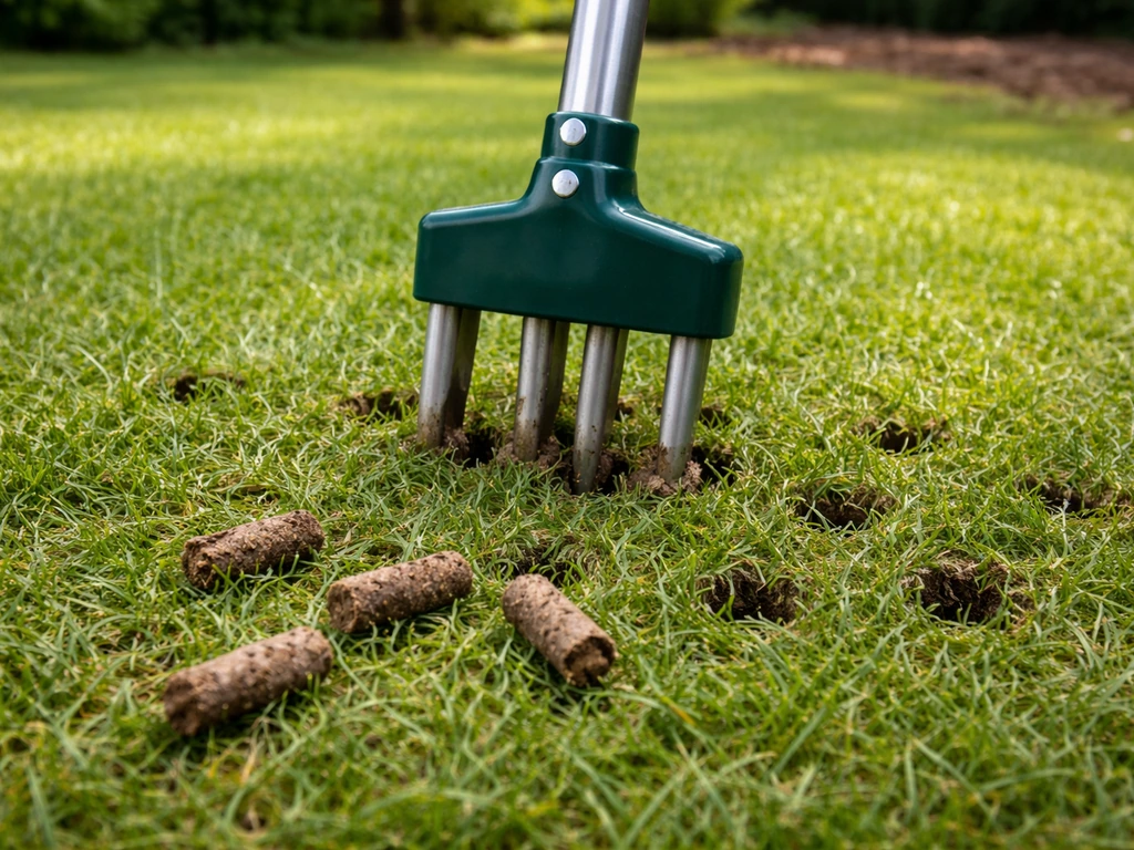 Handbeluchter die kurkjes/plugjes uit het gazon trekt, met zichtbare plugjes op de grond.