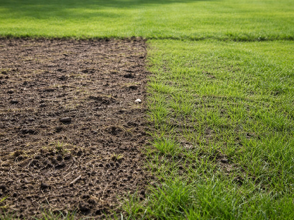 Tuingebied met kale gazonzones: ruw opgeschraapte grond klaar om in te zaaien, daarna gevuld met graszaad