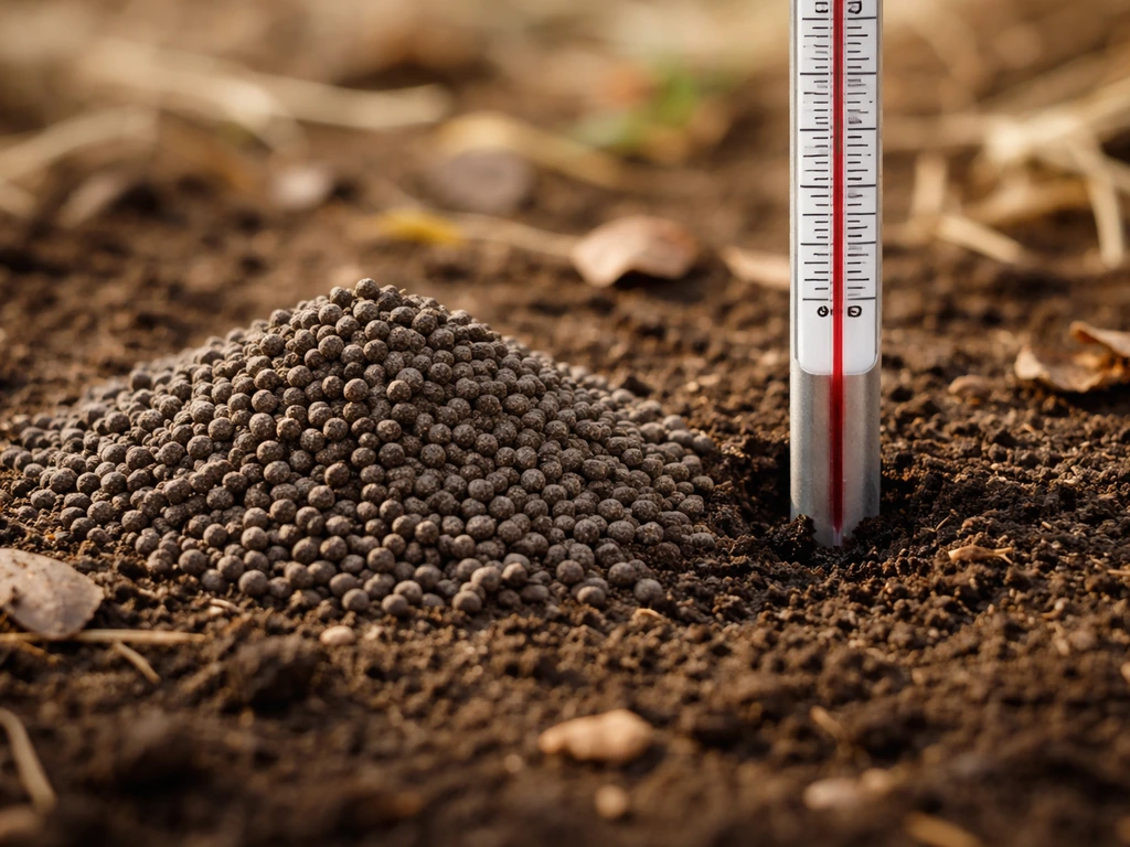 Korrelige herfstmest naast een bodemthermometer in de grond, meetpunt op circa 5 cm diepte.