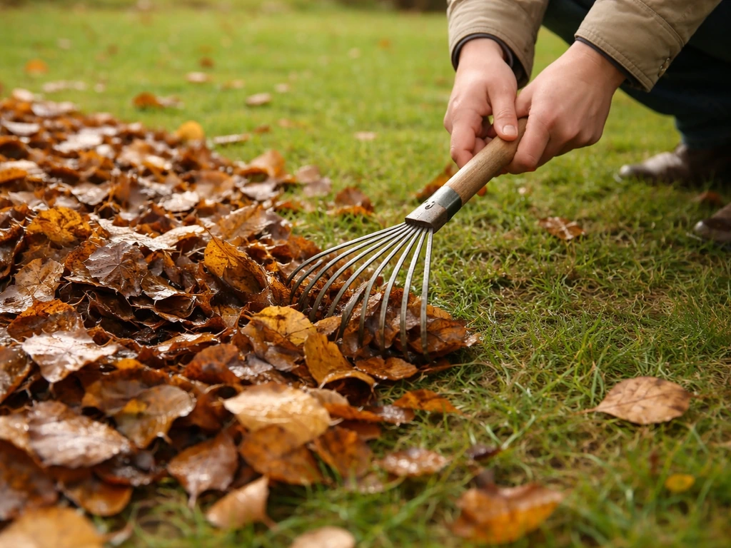 Handen met hark verwijderen natte herfstbladeren van een gazon, dun gras zichtbaar onder de bladafdekking
