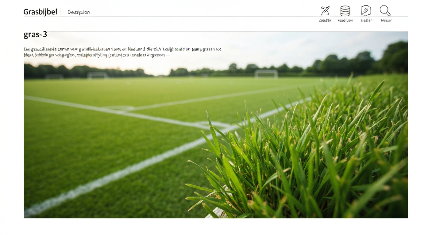 Close-up van sportgras met label 'gras-3' en pictogrammen voor zaad, database en onderhoud