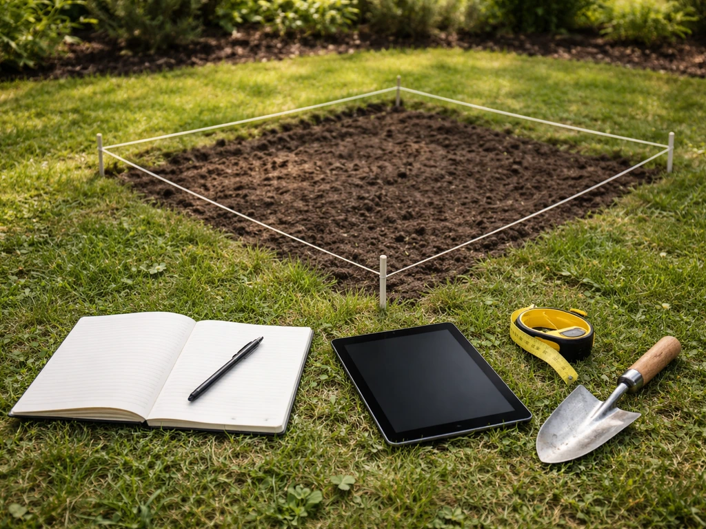 Afgebakend gras-/tuinvak met rolmaat, schepje en notitieboekje/tablet klaar voor inventarisatie.