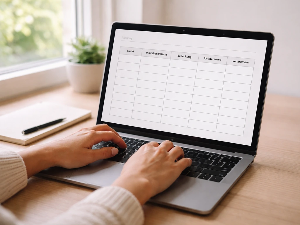 Persoon typt op laptop met een lege registratietabel voor inventaris: soort, aantal/schatting, bedekking en locatievelde
