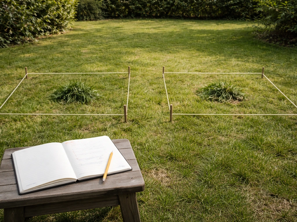 Tuin opgedeeld in twee duidelijk gemarkeerde zones met aantekenpapier en een grasmonster; snelle inventaris sfeer