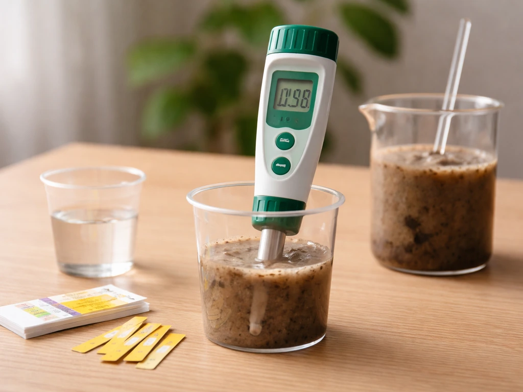Drie anonieme items voor bodem-pH: pH-teststrips, een pH-meter met grondslurry en een labopstelling
