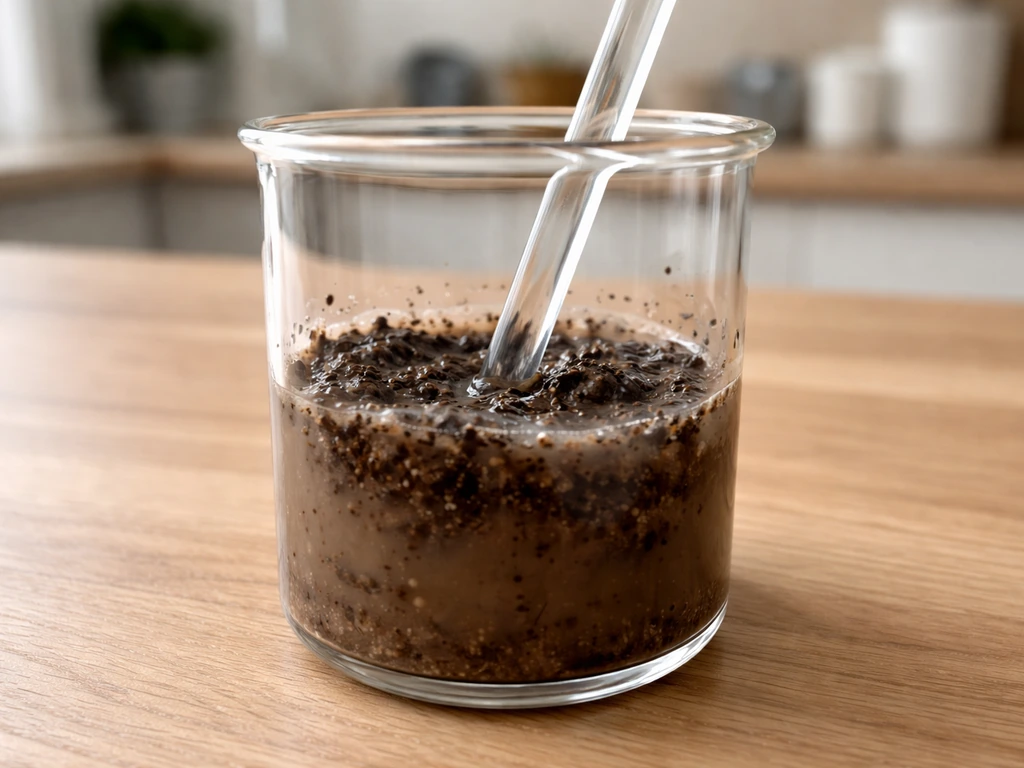 Close-up van grond en demi-/gedestilleerd water in een schoon bekerglas, net gemengd voor pH-meting.