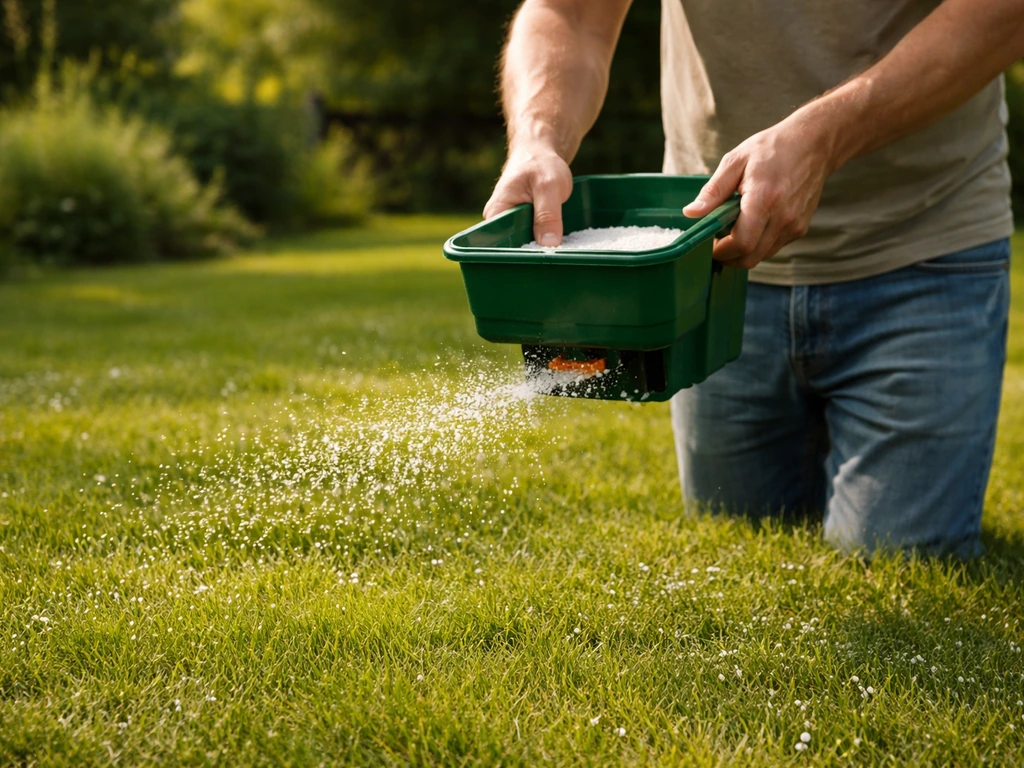 Handen en handstrooier die kalkmeststof over een gazon strooit bij lage pH