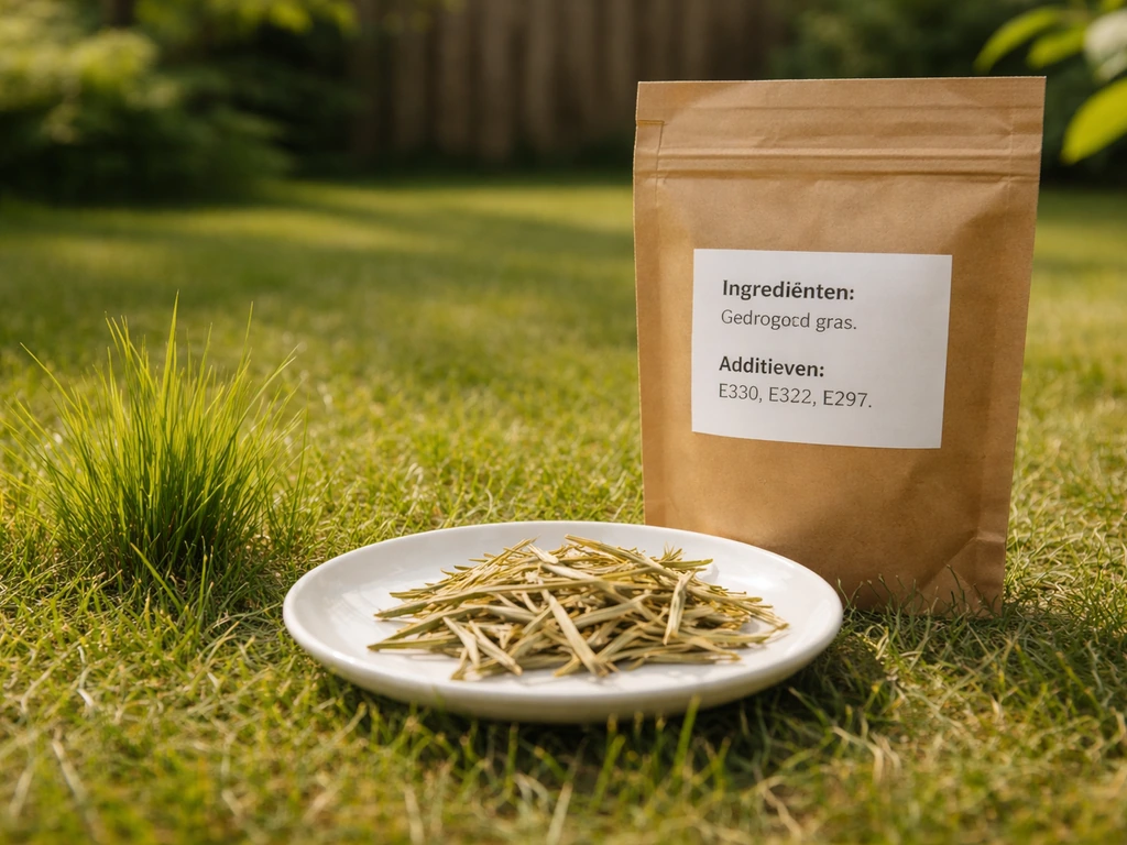 Jonge grasplant en gedroogde grassnacks met een leesbaar etiket naast de tuinplant, in natuurlijk daglicht.