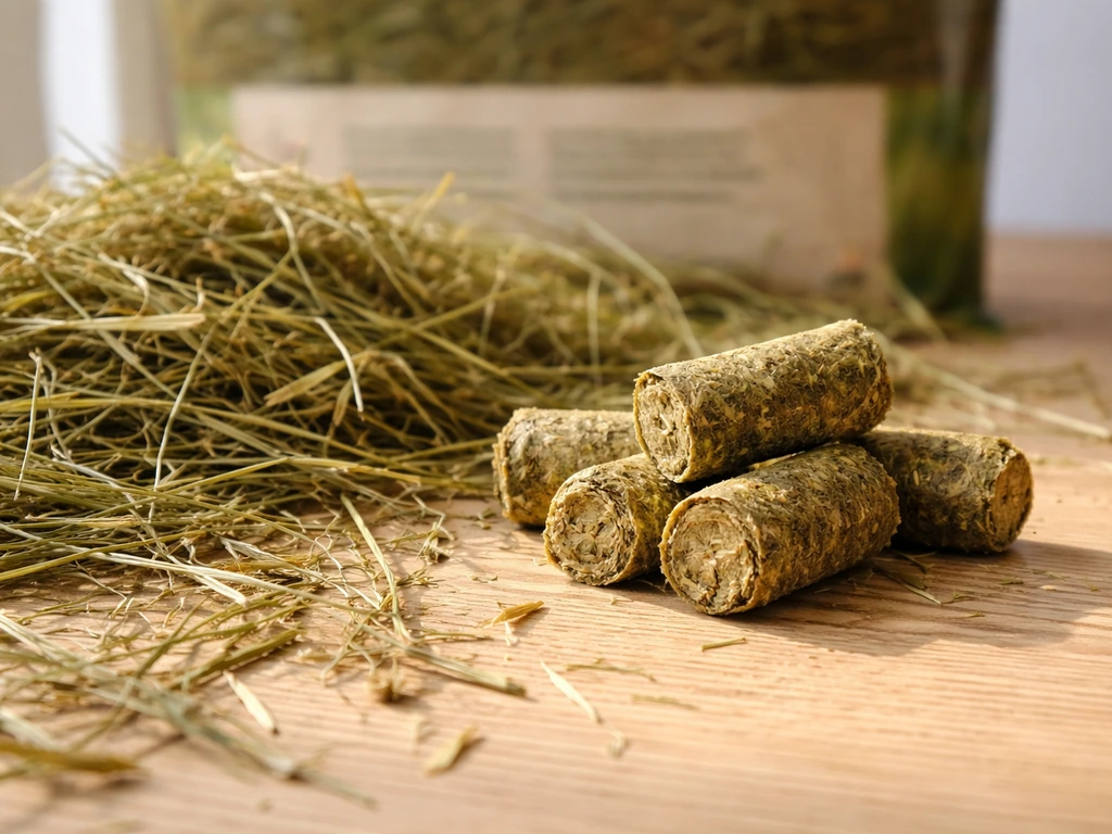 Close-up van gedroogd gras en grassnacks op een houten tafel met een vervaagd etiket op de achtergrond
