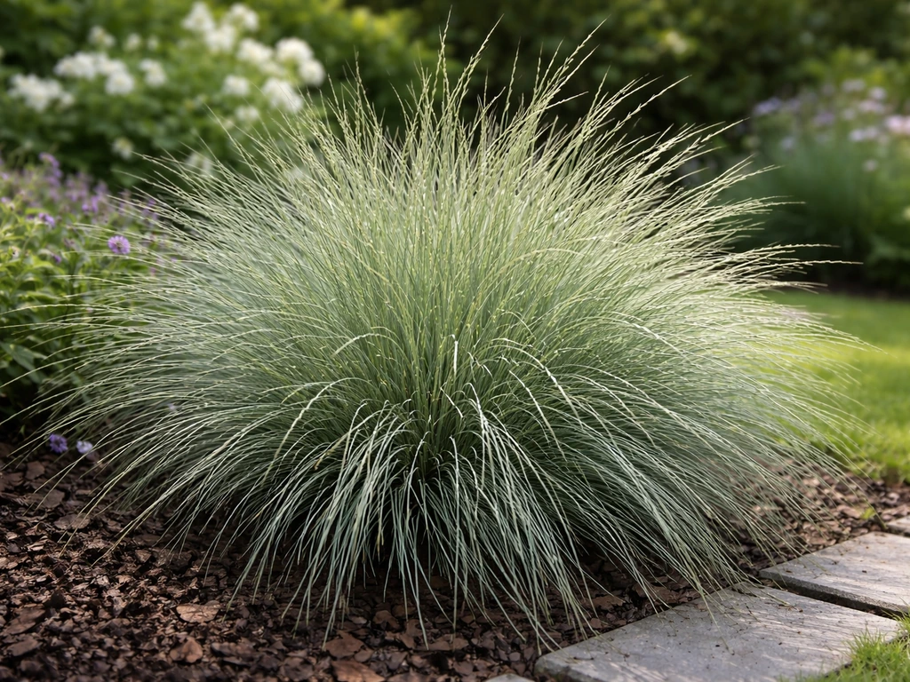 Close-up van grin-grin gras in een Nederlandse tuin, met licht op siergraspol en aarde.