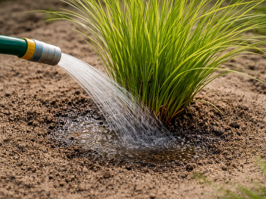 Gieter of slang die siergras bij de wortel water geeft, gericht op de bodem in een tuin in NL.