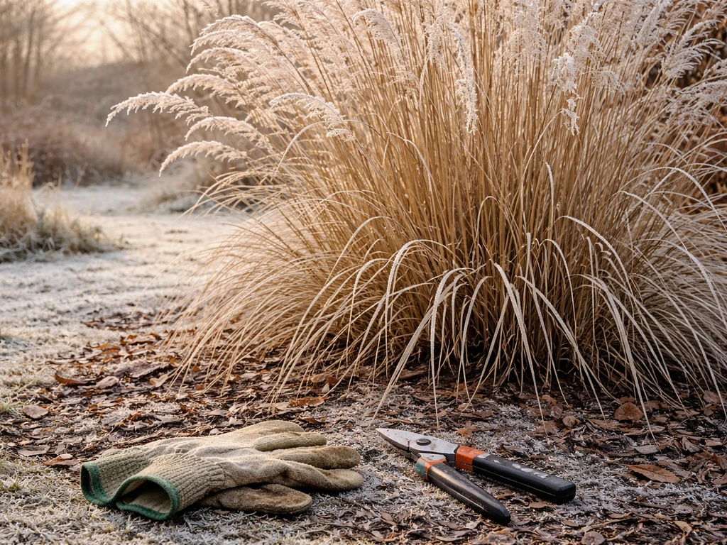 Siergrassen in winter met halmen en pluimen, tuinier gereedschap klaar om terug te knippen