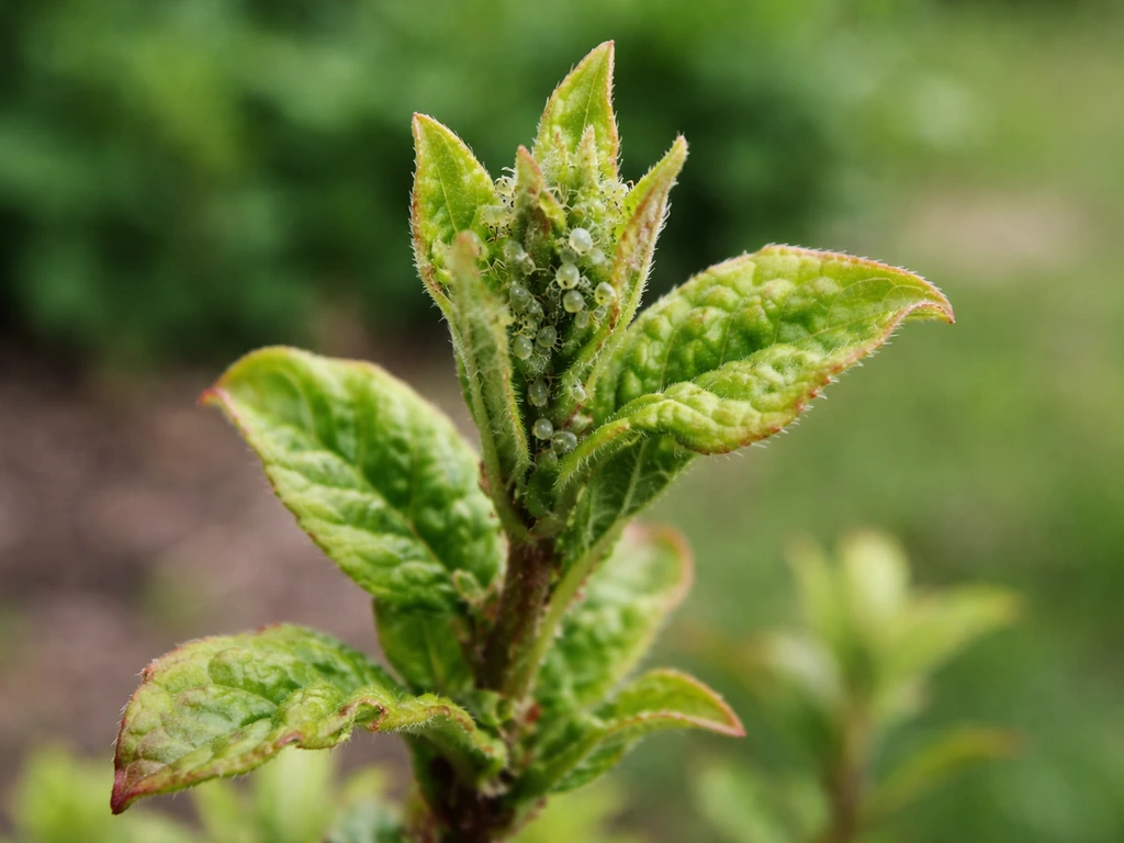 Close-up van jonge scheuten met krullend/verkleurend blad en zichtbare bladluizen.