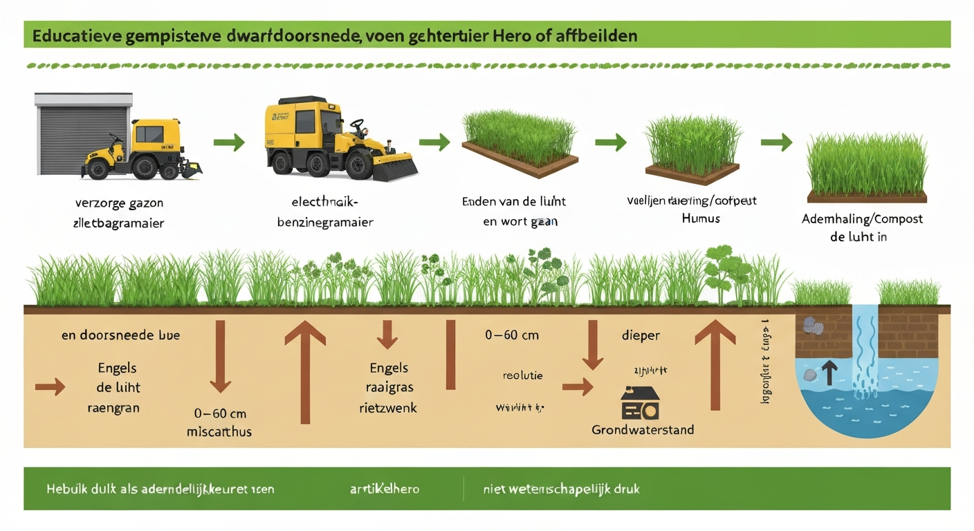 Dwarsdoorsnede van een Nederlandse tuin: gazon, wortels en bodem met pijlen voor CO₂-fluxen, maaiers, compost en waterstand, met Nederlandstalige labels.