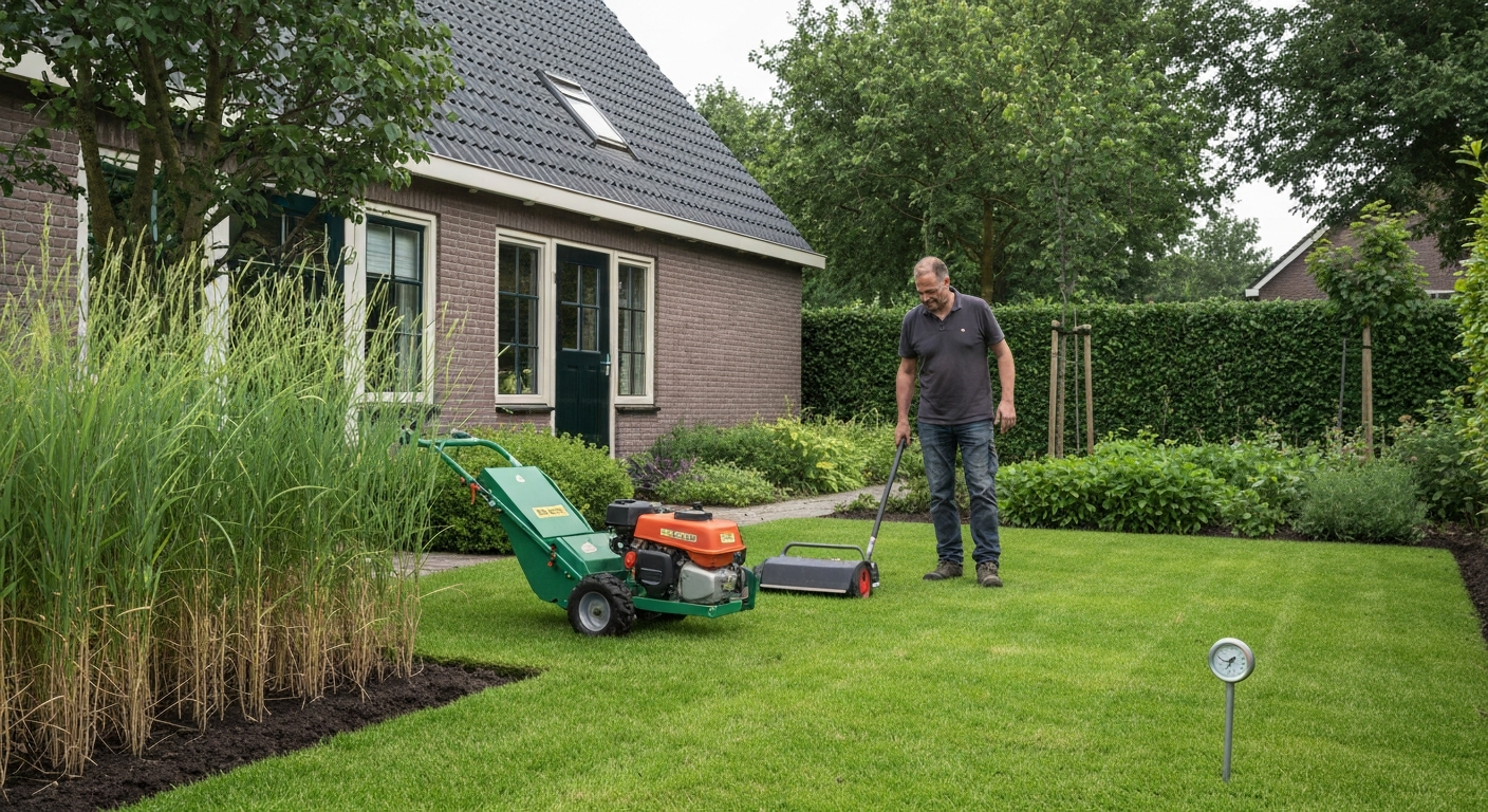 Tuinder voert verschillende gazonwerkzaamheden uit tijdens een 'gras dag' in een Nederlandse achtertuin.