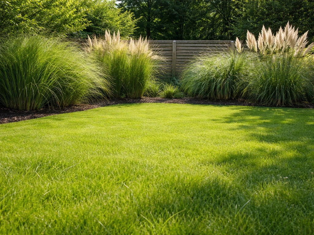 Zonnige tuin met strak gazon en siergrassen (miscanthus/pampasgras) in de achtergrond