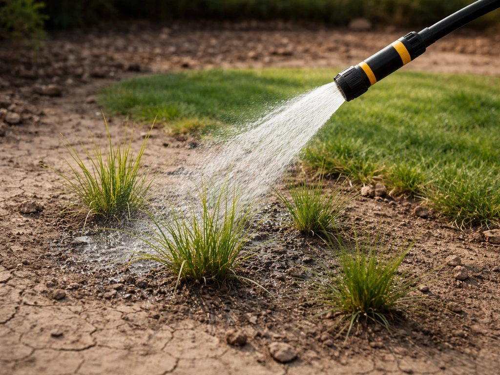 Gerichte waterstraal van beregeningskop naar net aangeplante siergrassen en gazon in droge tuinbodem.