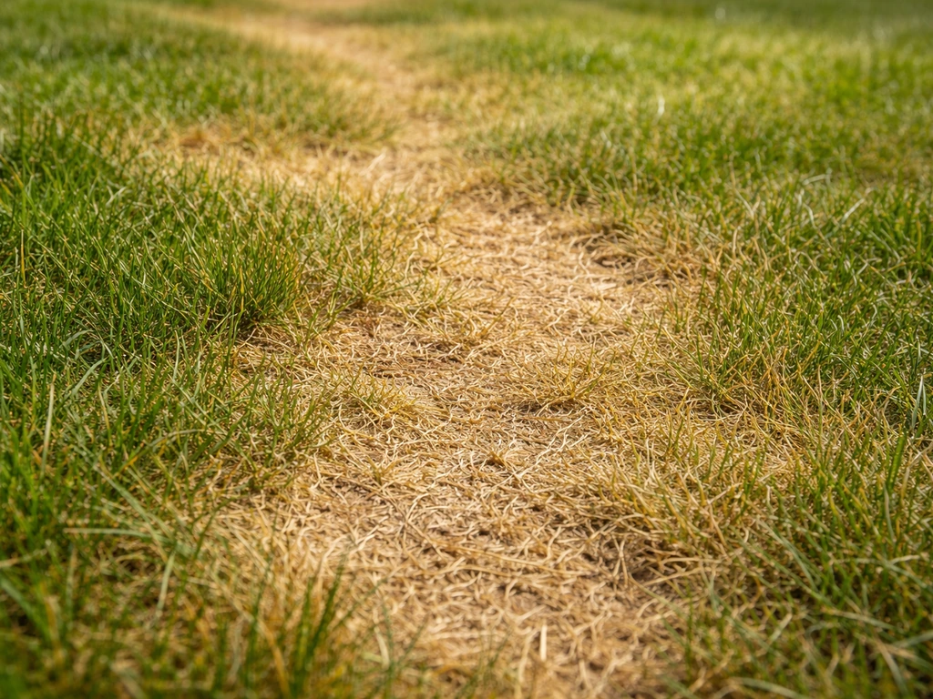 Close-up van vergeeld en bruin gazon met ongelijk beschadigde plekken door droogte en hitte