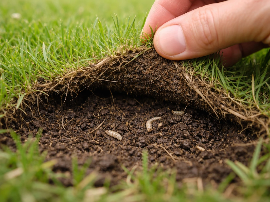 Hand tilt een stukje gras op; daaronder zie je bodem met wortelresten en witte larven, minimale scène.