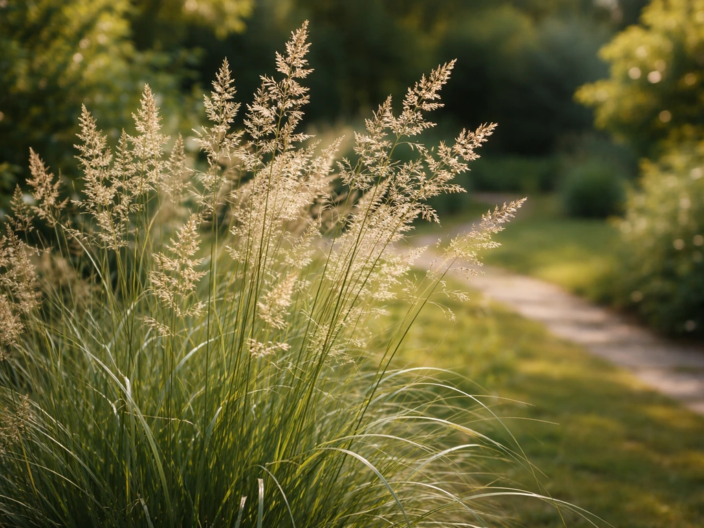 Ruwe smele grassoort met luchtige bloempluimen in een rustige Nederlandse tuin, zonlicht en natuurlijke kleuren.