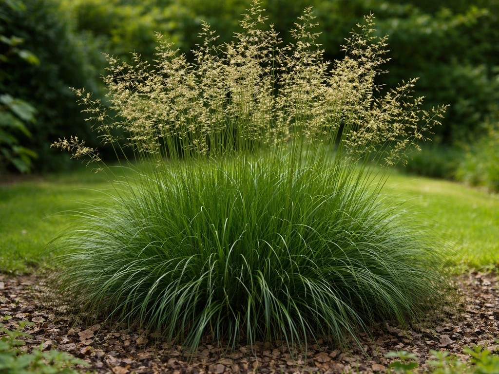 Close-up van ruwe smele in de tuin: dichte pol met smalle donkergroene bladeren en luchtige pluimen.