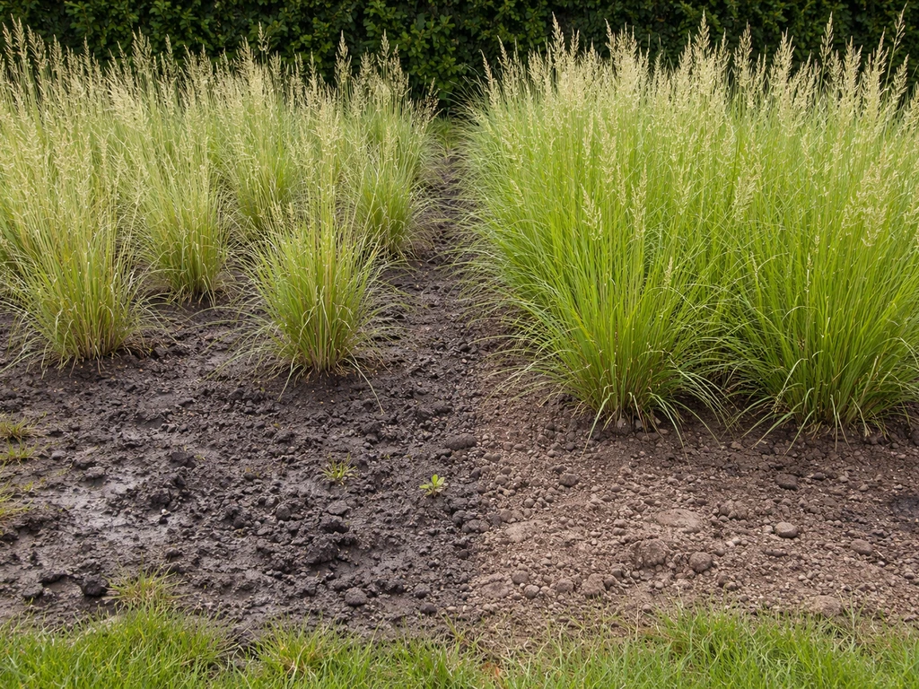 Tuinborder met dunne, slap groeiende planten naast een lichtere, gezondere plek op dezelfde grond