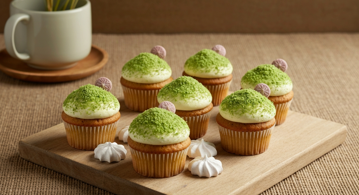 Close‑up foto van cupcakes met felgroene, kort gespoten botercrème als gras, versierd met suikerbloemetjes en mini marsepein‑schaapjes, op een houten plank met nep‑gazonmat.
