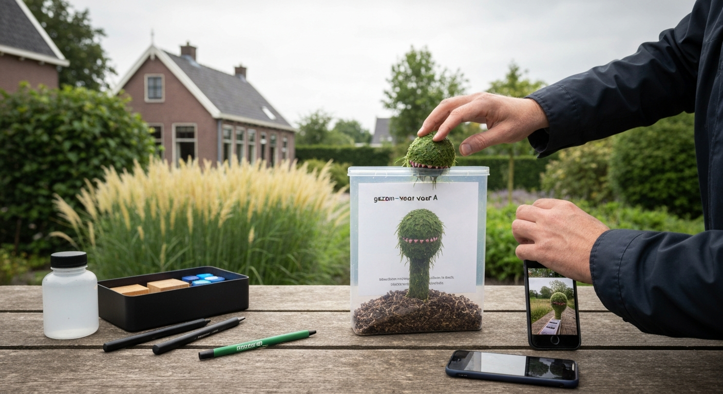 Persoon neemt vers grasmonster in Nederlandse tuin; gelabeld zakje, koelbox en schaar zichtbaar