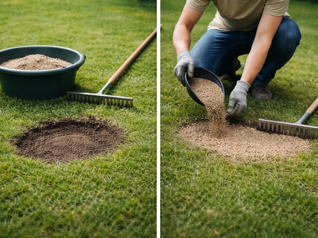 Anonieme persoon strijkt topdressing egaal in een ondiepe kuil in het gazon met hark op ooghoogte.