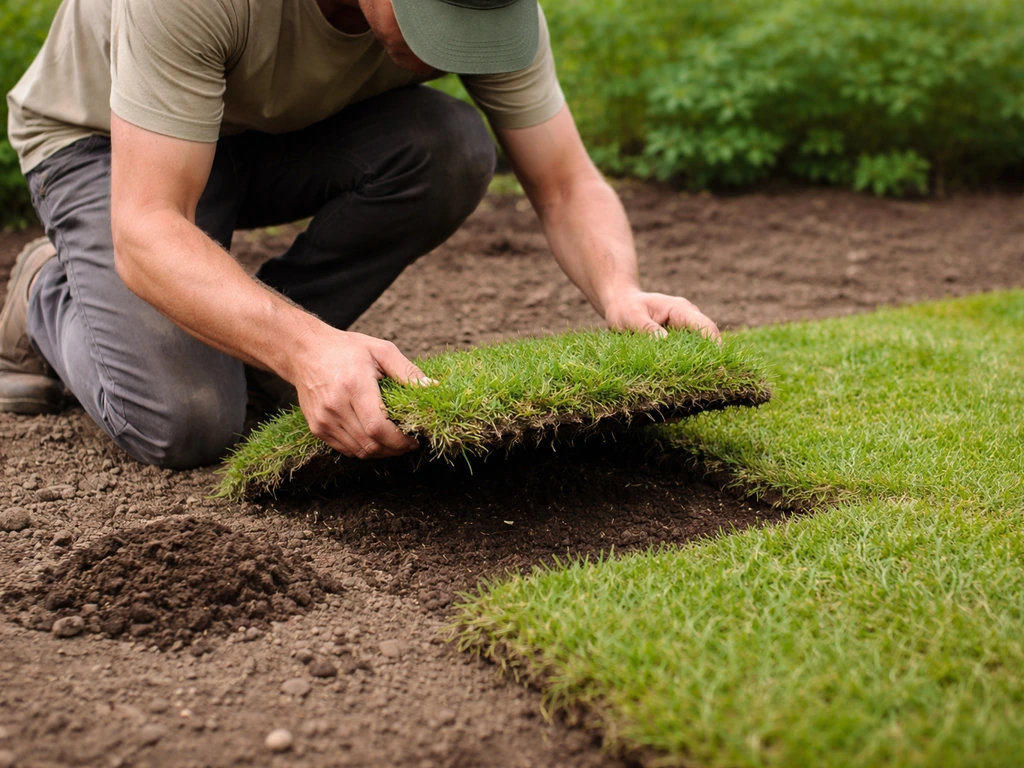 Tuinman tilt graszoden op en legt ze terug nadat een dun laagje grond is verwijderd.