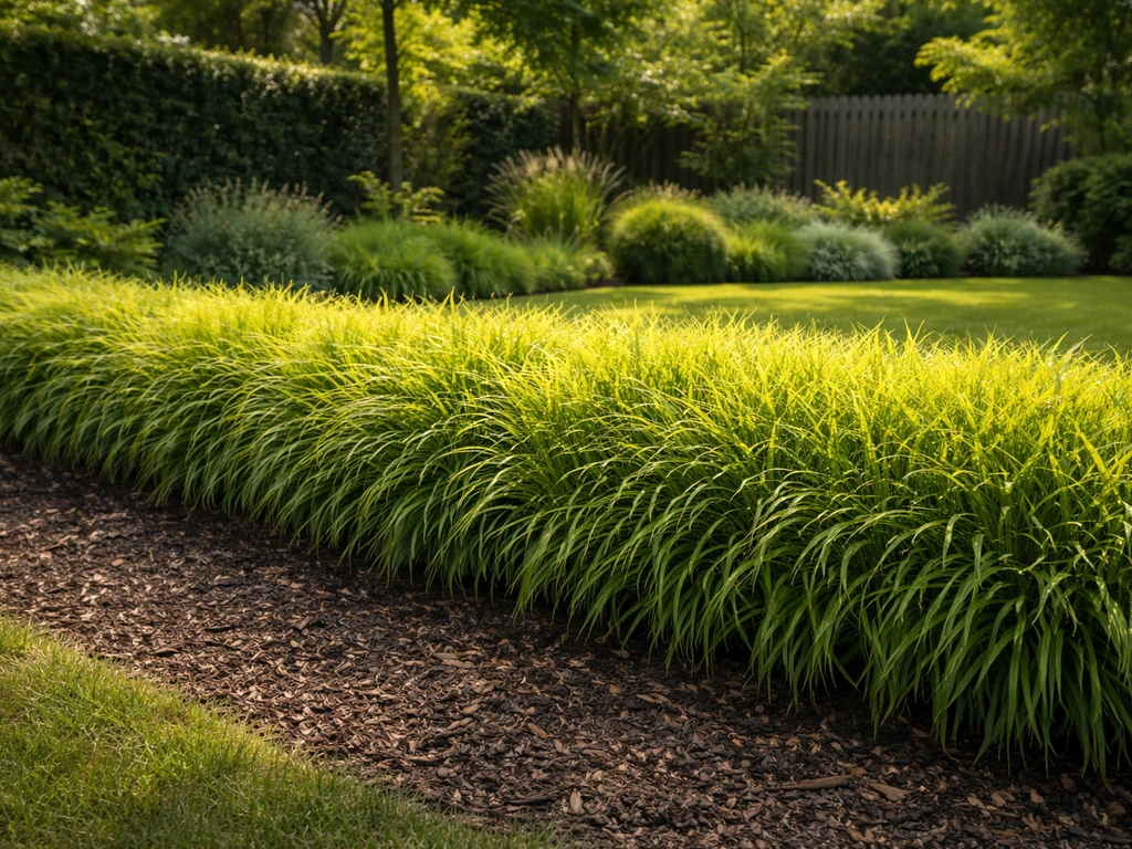 Strakke gras haag in een brede tuin, met dichte polle structuur en frisse seizoenskleur