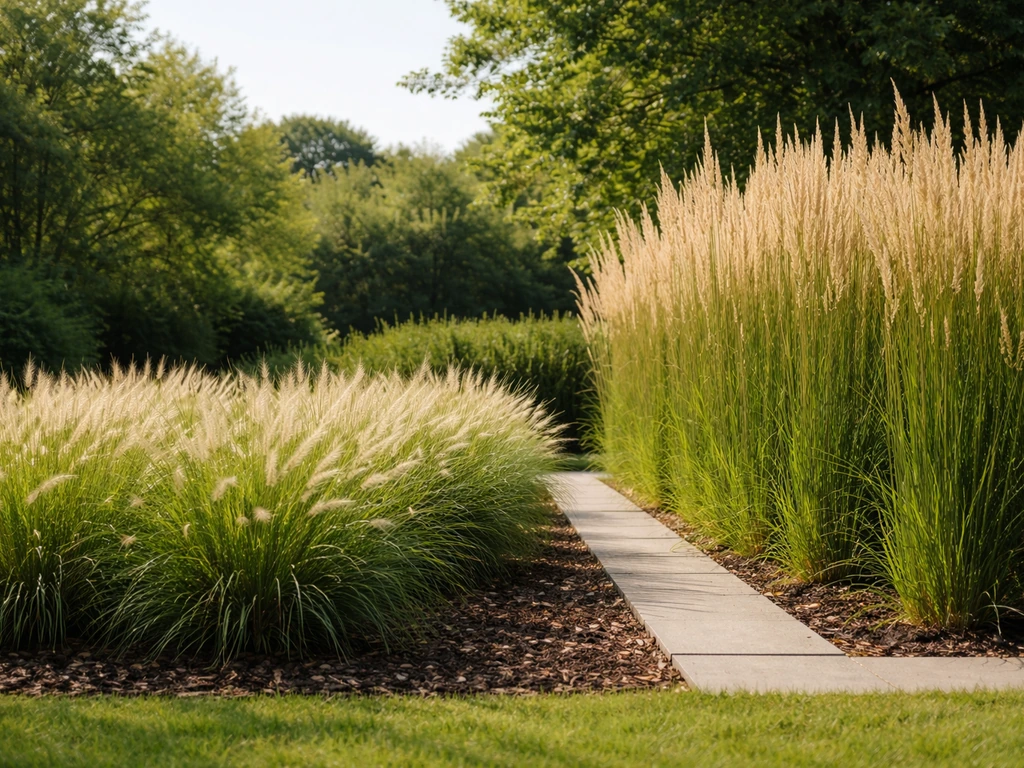 Zijaanzicht van een Nederlandse tuin met hoge siergrassen en een lagere border voor duidelijke hoogteverschillen.