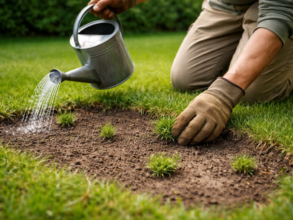 Tuinier met gieter en jonge grasplantjes die kale plekken in een grasrand opvullen, natuurlijke tuinsetting.