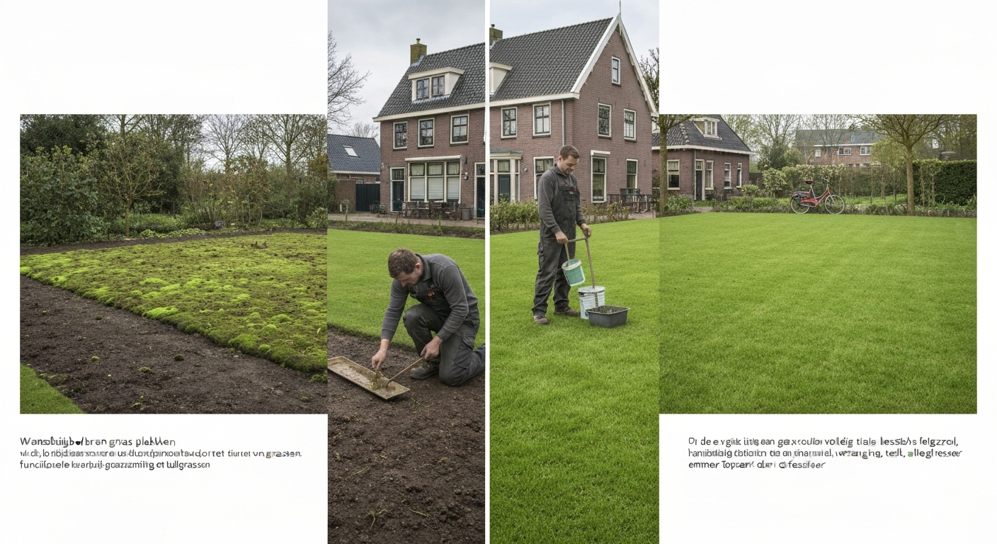 Splitbeeld van een Nederlandse achtertuin: links beschadigd gazon met kale plekken en mos, rechts hersteld felgroen gazon; tuinier werkt met hark en gazonrol.